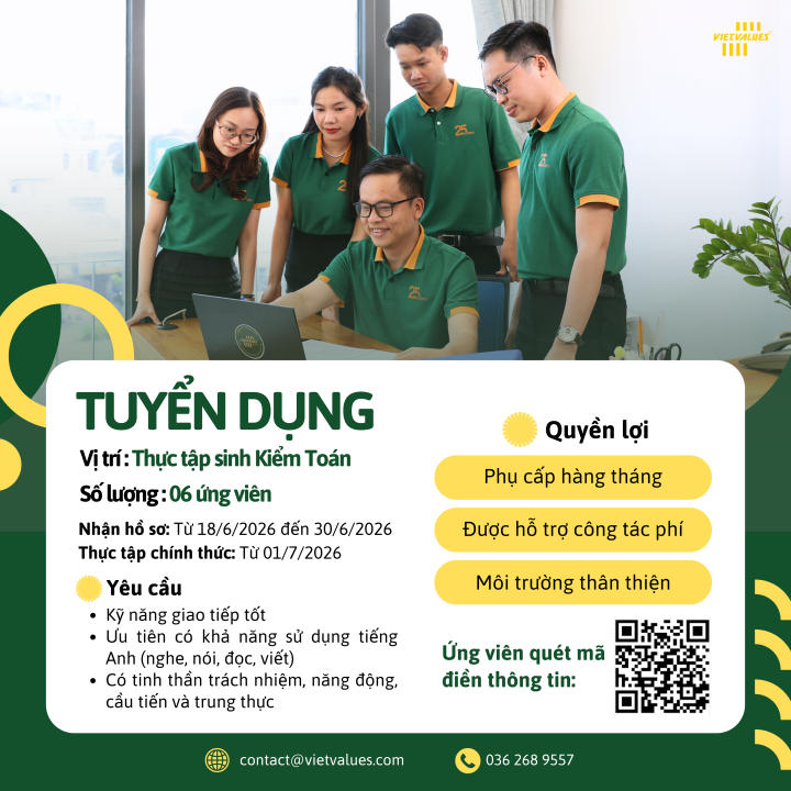 CÔNG TY KIỂM TOÁN CHUẨN VIỆT – VIETVALUES TUYỂN THỰC TẬP SINH NĂM 2026 